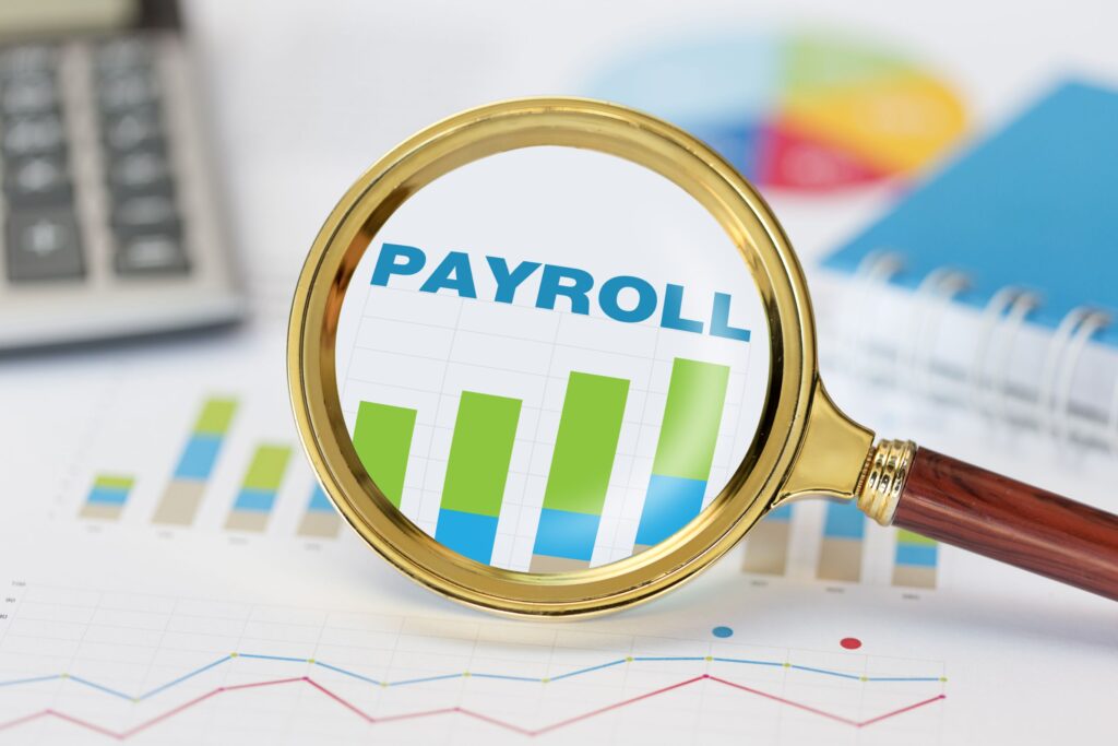 'Payroll' text with magnifying glass on it